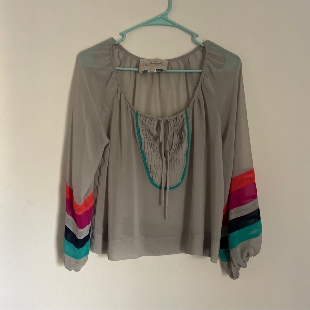Wendy Katlen Gray Pink Teal Colorblock Flowy Blouse Womens Blouse Peasant Boho S